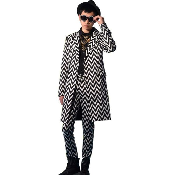 black white stripe men casual suit trouser custom stage fashion show costumes male long blazers suit coat, White;black
black white stripe men casual suit trouser custom stage fashion show costumes male long blazers suit coat, White;black