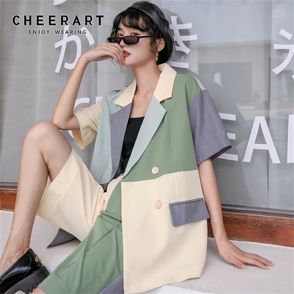 cheerart colorblock summer women double breasted short sleeve blazer fashion designer coats and jackets korean y201026, White;black
cheerart colorblock summer women double breasted short sleeve blazer fashion designer coats and jackets korean y201026, White;black