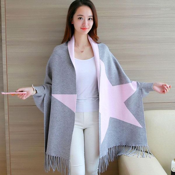 women's doubles new winter long knitted shawl cardigan sweater coat surface wear long sleeve cloak tassel knitwear star print1, Black
women's doubles new winter long knitted shawl cardigan sweater coat surface wear long sleeve cloak tassel knitwear star print1, Black