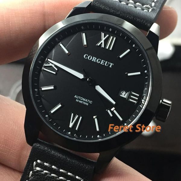 2020 corgeut 41mm mens leather strap watches new black pvd case black dial date automatic movement mens watch1, Slivery;brown
2020 corgeut 41mm mens leather strap watches new black pvd case black dial date automatic movement mens watch1, Slivery;brown