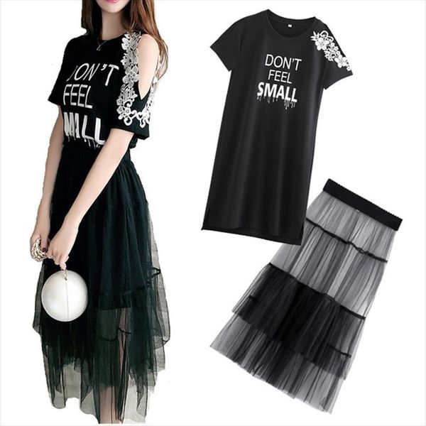 2 piece set 2019 summer women lace cold shoulder cotton t shirt dress mesh see through skirt suits letter print sweet sundress, Gray
2 piece set 2019 summer women lace cold shoulder cotton t shirt dress mesh see through skirt suits letter print sweet sundress, Gray