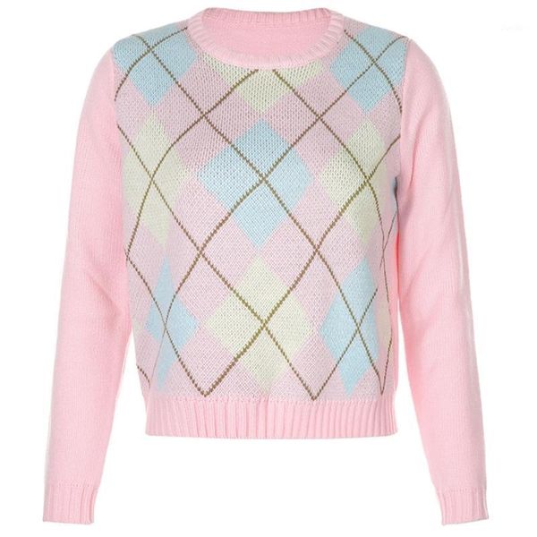 women long sleeve pink sweater crew neck argyle plaid knitted loose jumper c6ud1, White;black
women long sleeve pink sweater crew neck argyle plaid knitted loose jumper c6ud1, White;black