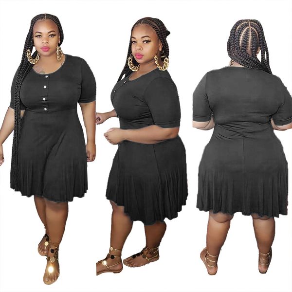 women plus size dress solid color button crew neck short sleeve pleated dresses female summer clothes, Black;gray
women plus size dress solid color button crew neck short sleeve pleated dresses female summer clothes, Black;gray
