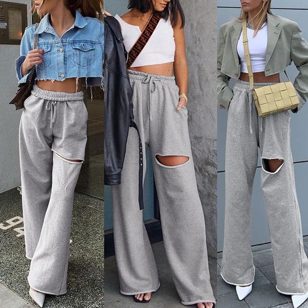 women's fashion casual hole trousers solid color side pockets elastic drawstring pants loose leisure wear for sports streetwear, Black;white
women's fashion casual hole trousers solid color side pockets elastic drawstring pants loose leisure wear for sports streetwear, Black;white