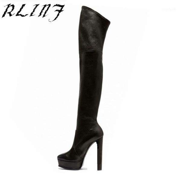 boots rlinf thick with large size round head over the knee tall patent high heeled for women1, Black
