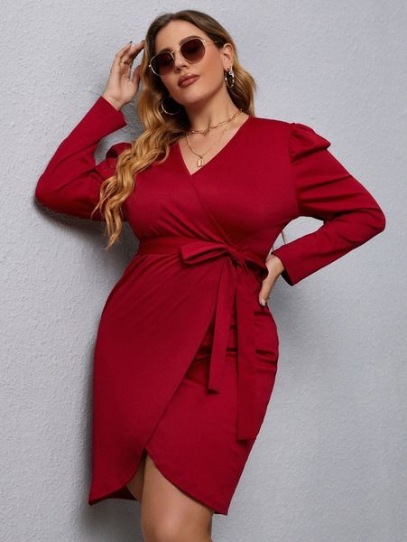 plus puff sleeve wrap belted dress 71gz#, Black