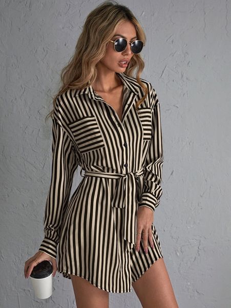striped double pocket drop shoulder belted shirt dress f6g2#, Black;gray