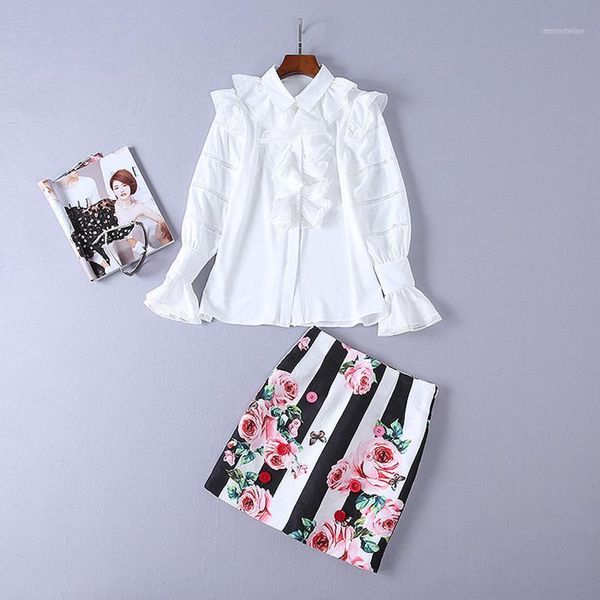 2018 designer runway suit set women's long sleeve ruffle blouse shirt floral mini skirt set1, White
2018 designer runway suit set women's long sleeve ruffle blouse shirt floral mini skirt set1, White