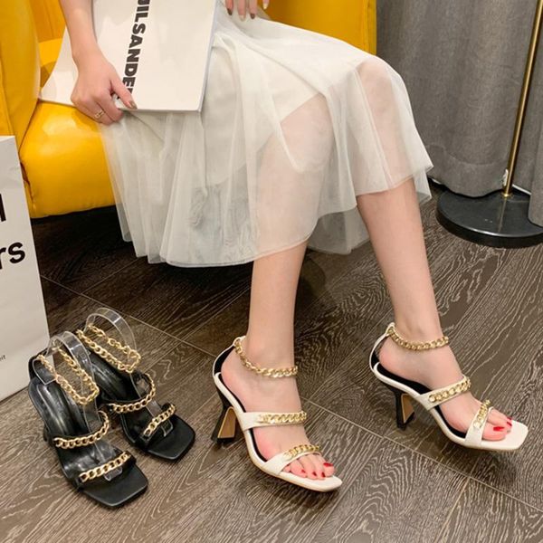 2021 summer new style women metal chain white high heels party sandals chunky heels square toe sandals fashion lady shoes, Black
2021 summer new style women metal chain white high heels party sandals chunky heels square toe sandals fashion lady shoes, Black
