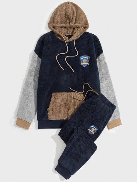men letter embroidery colorblock drawstring teddy hoodie & pants i6sx#, Gray 
men letter embroidery colorblock drawstring teddy hoodie & pants i6sx#, Gray