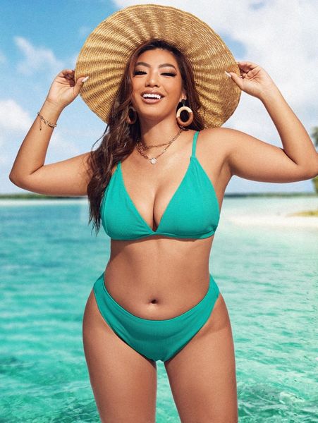 plus textured triangle high waisted bikini swimsuit w6ra#, Black