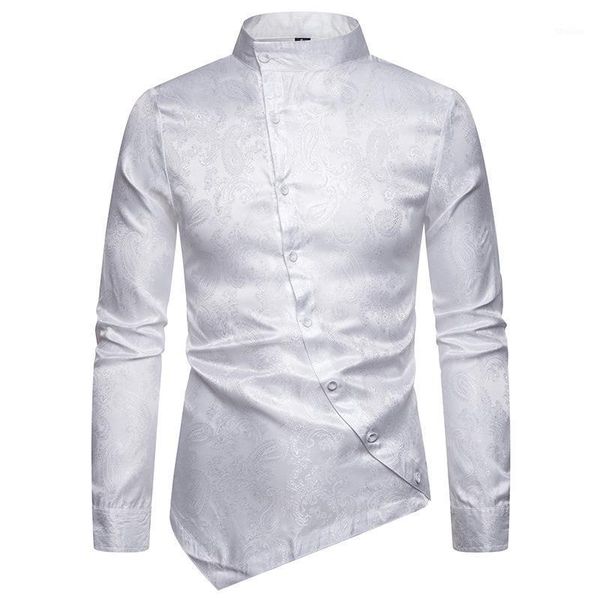 men's casual shirts white paisley shirt men 2021 personality oblique button irregular mens slim fit long sleeve formal for men1, White;black
men's casual shirts white paisley shirt men 2021 personality oblique button irregular mens slim fit long sleeve formal for men1, White;black
