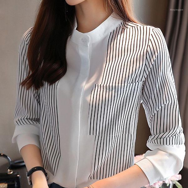 women's blouses & shirts long sleeve women blouse blusas mujer de moda 2021 black striped chiffon shirt blusa d4311, White
women's blouses & shirts long sleeve women blouse blusas mujer de moda 2021 black striped chiffon shirt blusa d4311, White