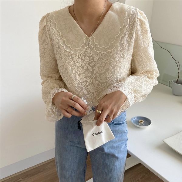 2021 new elegant female chiffon shirts solid double-layered peter pan collar flare sleeves lace shirt spring mesh sweaters awxh, White
2021 new elegant female chiffon shirts solid double-layered peter pan collar flare sleeves lace shirt spring mesh sweaters awxh, White
