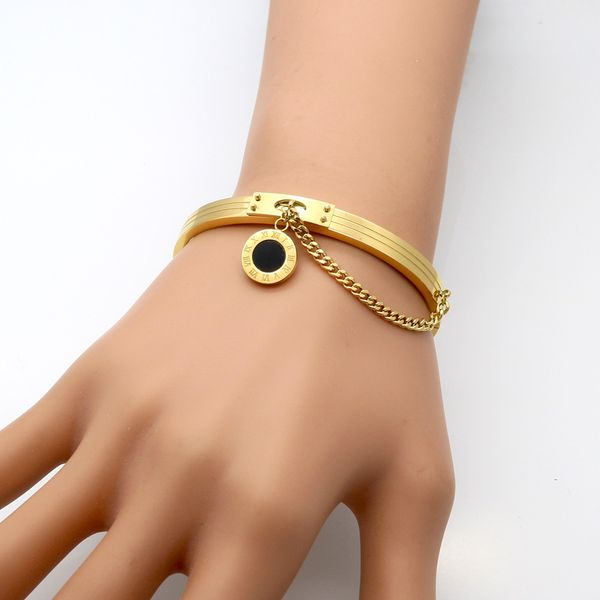 elegant designers stainless steel roman numerals charm bangle bracelet with chain wholesale, Black
elegant designers stainless steel roman numerals charm bangle bracelet with chain wholesale, Black