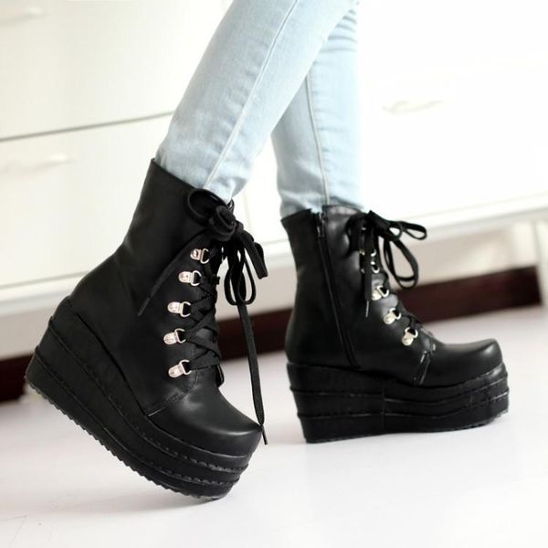 spring boots women high platform shoes lace casual fashion round toe side zipper free, Black
spring boots women high platform shoes lace casual fashion round toe side zipper free, Black