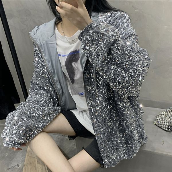 lucyever new shiny sequins long sleeve jacket women fashion hooded drawstring loose jackets woman casual pocket autumn coat 201028, Black;brown
lucyever new shiny sequins long sleeve jacket women fashion hooded drawstring loose jackets woman casual pocket autumn coat 201028, Black;brown