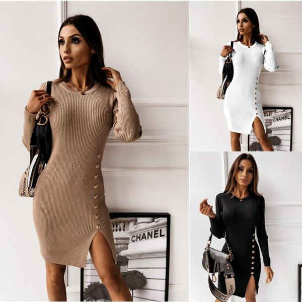 bodycon dress autumn winter solid-color long-sleeved o neck button embellished slit pencil dress femme robe vestidos1, Black;gray
bodycon dress autumn winter solid-color long-sleeved o neck button embellished slit pencil dress femme robe vestidos1, Black;gray