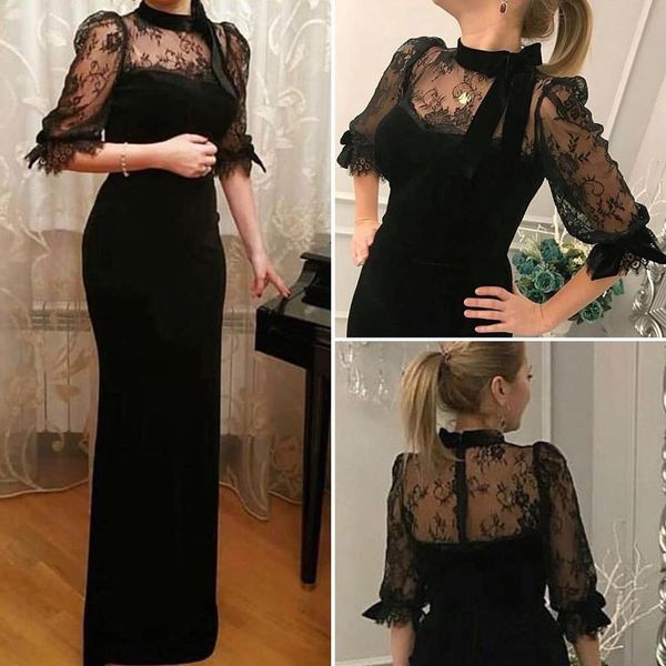 setwell high neck sheath evening dresses half sleeves backless black lace appliques prom party gowns, Black;red
setwell high neck sheath evening dresses half sleeves backless black lace appliques prom party gowns, Black;red