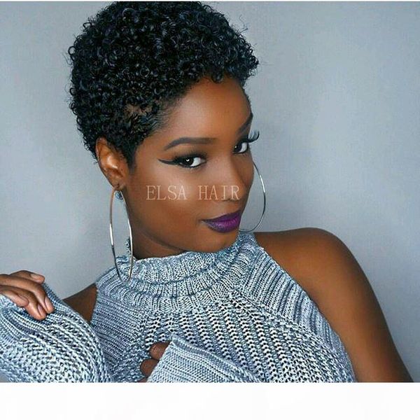 lace front wigs afro kinky curly human hair wigs brazilian hair none full lace very short hair wigs for black women, Black;brown