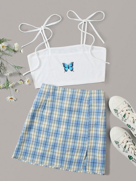 tie shoulder butterfly print cami & tartan plaid a-line skirt l1lg#, White 
tie shoulder butterfly print cami & tartan plaid a-line skirt l1lg#, White