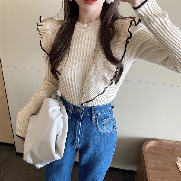 women's sweaters women o-neck ruffles sweet knitted sweater warm slim long-sleeved female pullover jumpers vestidos autumn winter 2021, White;black
women's sweaters women o-neck ruffles sweet knitted sweater warm slim long-sleeved female pullover jumpers vestidos autumn winter 2021, White;black