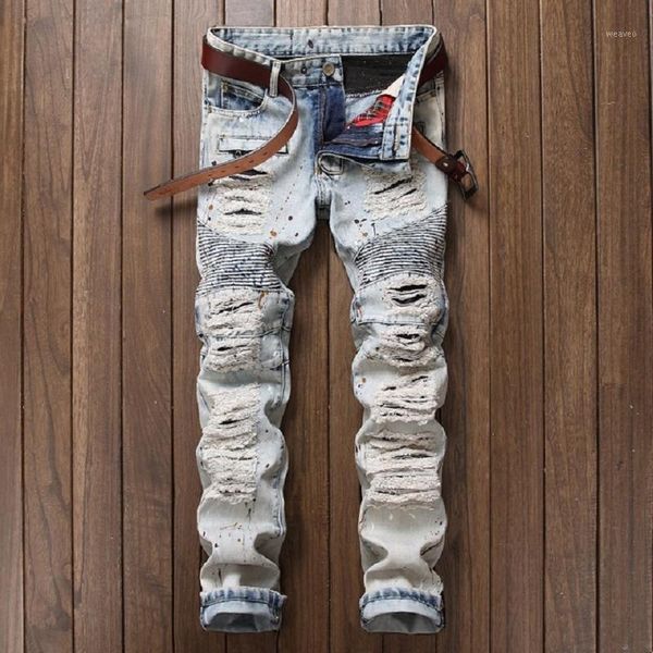 high street fashion men jeans light blue color destroyed ripped jeans for men spliced punk style hip hop pants biker homme1
high street fashion men jeans light blue color destroyed ripped jeans for men spliced punk style hip hop pants biker homme1