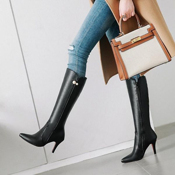 boots women's winter shoes leather knee high pointed toe plush warm women female long fashion comfortable, Black
boots women's winter shoes leather knee high pointed toe plush warm women female long fashion comfortable, Black