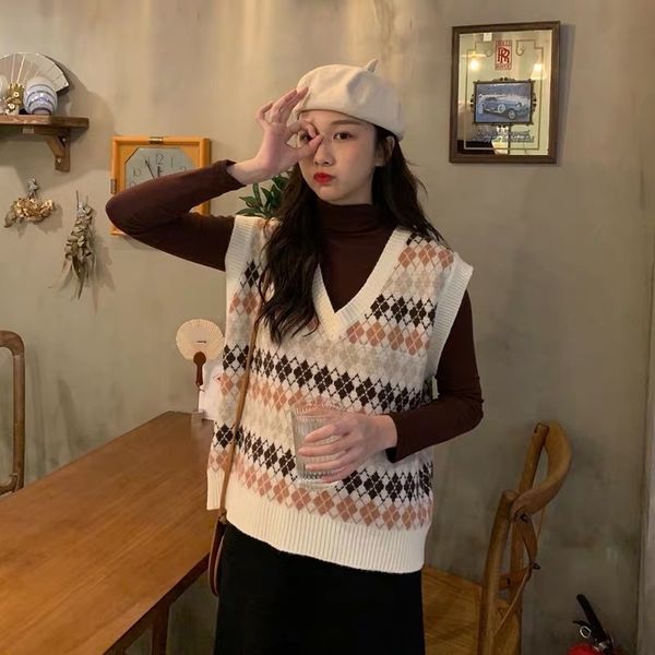 3712 small fresh diamond diamond lattice loose v-neck sleeveless sweater vest sweater versatile vest gxh49, White;black
3712 small fresh diamond diamond lattice loose v-neck sleeveless sweater vest sweater versatile vest gxh49, White;black