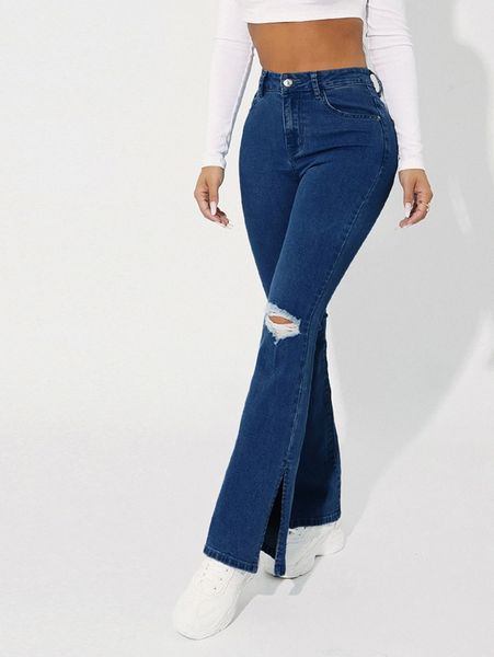 petite split hem flared leg ripped jeans m4vy#, Blue