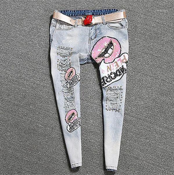 lips sequins beading slim skinny jeans for women casual female pattern trousers women's jeans femme ripped pants c0691, Blue
lips sequins beading slim skinny jeans for women casual female pattern trousers women's jeans femme ripped pants c0691, Blue