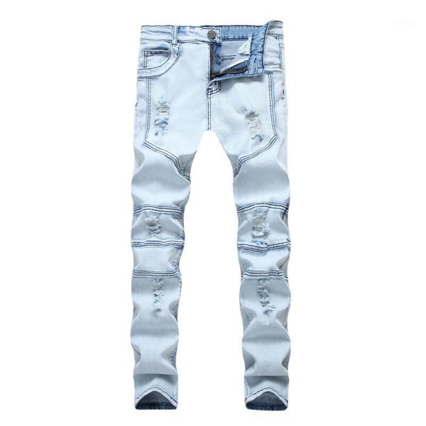 2020 men's new stitching holes pin tiao light blue stretch jeans adolescents light slim fit denim trousers1 
2020 men's new stitching holes pin tiao light blue stretch jeans adolescents light slim fit denim trousers1