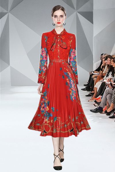2023 fashion bow collar pleated dress women designer long sleeved lace patchwork runway retro floral party midi dresses spring autumn office, Black;gray
2023 fashion bow collar pleated dress women designer long sleeved lace patchwork runway retro floral party midi dresses spring autumn office, Black;gray