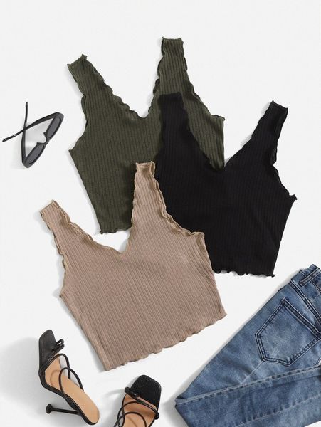 3pcs lettuce trim rib-knit tank l5he#, White 
3pcs lettuce trim rib-knit tank l5he#, White