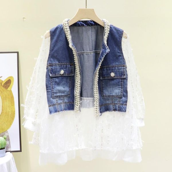 korean women new loose fake two pearl beading sequin mesh stitching denim summer autumn thin sun jacket student jean basic coat1, Black;brown
korean women new loose fake two pearl beading sequin mesh stitching denim summer autumn thin sun jacket student jean basic coat1, Black;brown
