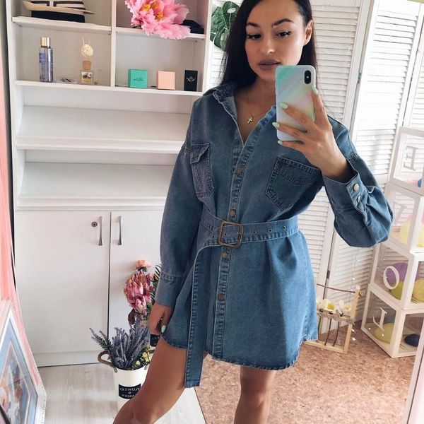 casual dresses 2021 small women autumn and winter lapels long sleeves waist slimming strappy denim dress dress1, Black;gray 
casual dresses 2021 small women autumn and winter lapels long sleeves waist slimming strappy denim dress dress1, Black;gray