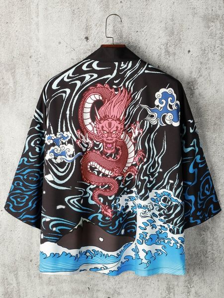 men wave & chinese dragon graphic open front kimono without tee 55xz#, White;black
men wave & chinese dragon graphic open front kimono without tee 55xz#, White;black