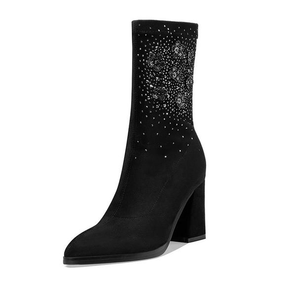 stretch fabric high heels women ankle boots band design crystal decoration ladies boots winter party working shoes woman, Black 
stretch fabric high heels women ankle boots band design crystal decoration ladies boots winter party working shoes woman, Black