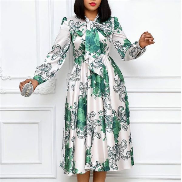 women long sleeves printed dresses with bowtie collar pleated high waist midi elegant ladies fashion african new vestidos robes, Black;gray
women long sleeves printed dresses with bowtie collar pleated high waist midi elegant ladies fashion african new vestidos robes, Black;gray