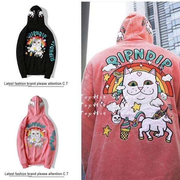 

autumn and winter ripndip sweater men's trendy brand hip-hop street middle finger cat plus velvet long-sleeved hooded pullover sweater, Black