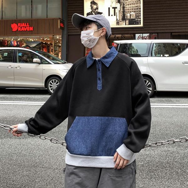 mens autumn and winter new korean japanese loose denim stitching shirt collar plus velvet street casual pullover, Black
mens autumn and winter new korean japanese loose denim stitching shirt collar plus velvet street casual pullover, Black