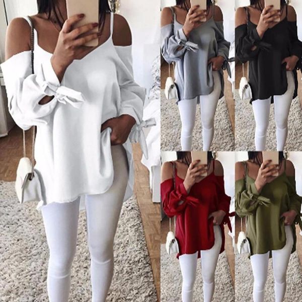 solid color women v-neck cold shoulder long sleeve loose bandage shirt blouse outdoor streetwear for women, White
solid color women v-neck cold shoulder long sleeve loose bandage shirt blouse outdoor streetwear for women, White