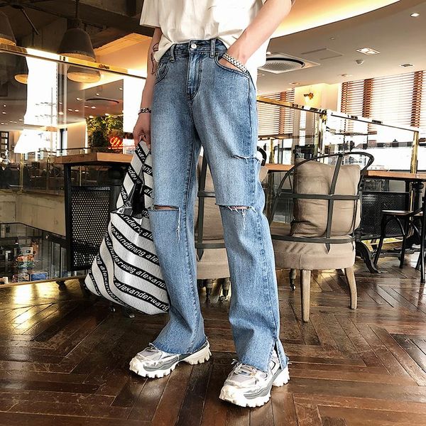 xl ripped beggar jeans male korean version of trendy thin trousers with slit legs straight tube slacks, Blue
xl ripped beggar jeans male korean version of trendy thin trousers with slit legs straight tube slacks, Blue
