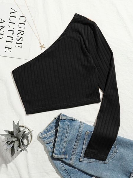 plus one shoulder ribbed knit tee w1lo#, Black
plus one shoulder ribbed knit tee w1lo#, Black
