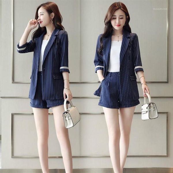 women's two piece pants yasuguoji 2021 summer office lady short-sleeve blazer with short suits women fashion striped 2 pieces set and b, White