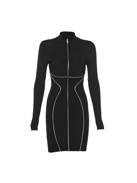 2021 new reflective black tight elastic lycra up the knee long sleeve high street zip club dress feminine 2aes, Black;gray
2021 new reflective black tight elastic lycra up the knee long sleeve high street zip club dress feminine 2aes, Black;gray