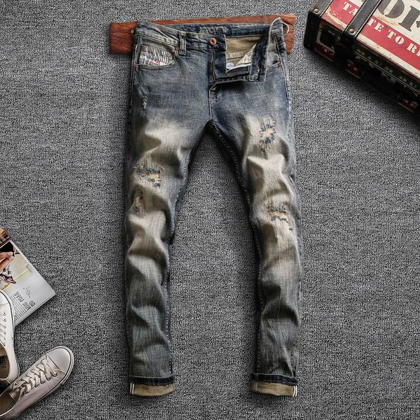 2021 new italian style fashion men jeans elastic slim fit ripped denim pants retro blue patchwork vintage designer trousers tbb
2021 new italian style fashion men jeans elastic slim fit ripped denim pants retro blue patchwork vintage designer trousers tbb