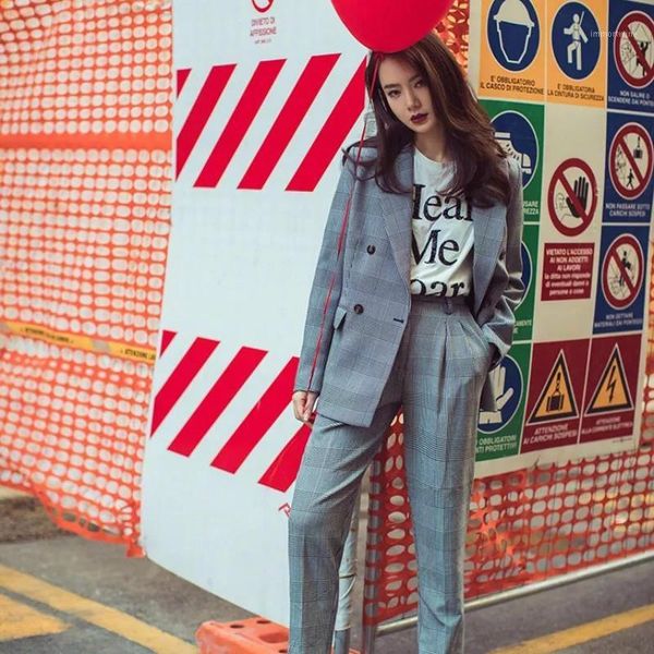 pants suit jacket women two-piece female set 2019 autumn new retro slim check long-sleeved suit jacket fashion loose wild pants1, White;black 
pants suit jacket women two-piece female set 2019 autumn new retro slim check long-sleeved suit jacket fashion loose wild pants1, White;black