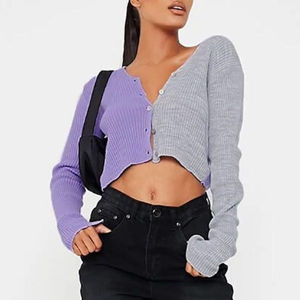 women's knits & tees winter slim long-sleeved sweater 2021 v-neck multicolor stitching short women top, White
women's knits & tees winter slim long-sleeved sweater 2021 v-neck multicolor stitching short women top, White