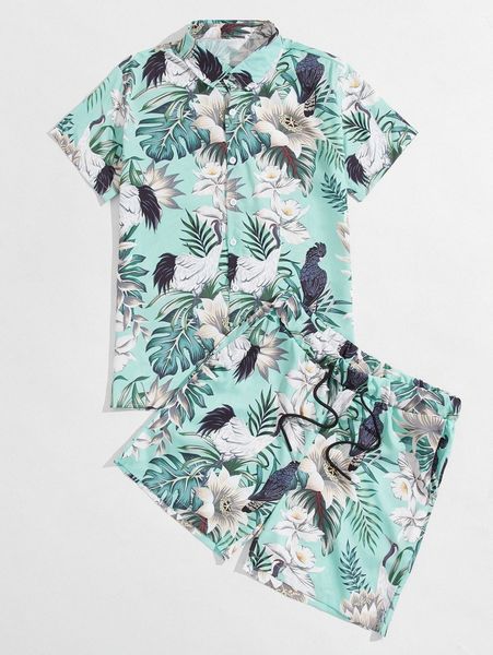 men crane and floral print button front shirt with shorts x1x5#, Gray